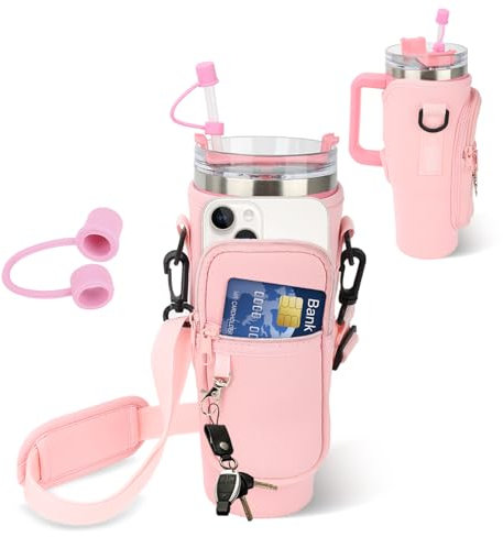 Sahunfri Bottle Bag for Stanley Cup 40oz, Water Bottle Holder fits Stanley Cup with Silicone Straw Cover, Adjustable Strap, Phone Pocket, Accessories for Stanley Cup for Walking, Travel (Pink)