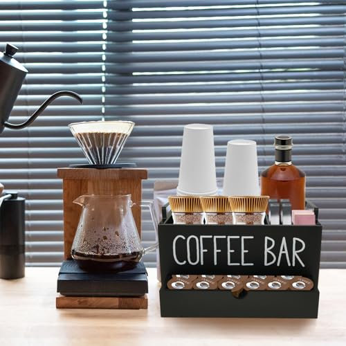 Coffee Station Organizer,Wooden Coffee Bar Accessories Organizer for Counter,Rustic Wooden Tea Bag Caddy with Drawer,Coffee Stand Cup Holder for Kitchen Office