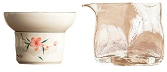 Filtro da tè dipinto a mano con fiori di pesco, filtro da tè in ceramica, tazza equa - gruppo filtro + tazza quadrata con motivo a martello