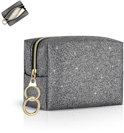 10 * 8 * 6cm Mini Tasche Klein Kosmetiktasche für Handtasche Damen Schminktasche PU Leder Glitzern Tragbare Mini-Kulturbeutel Wasserdicht für Reise Makeup Zubehör-Organizer Makeup Geldbeutel(Schwarz)