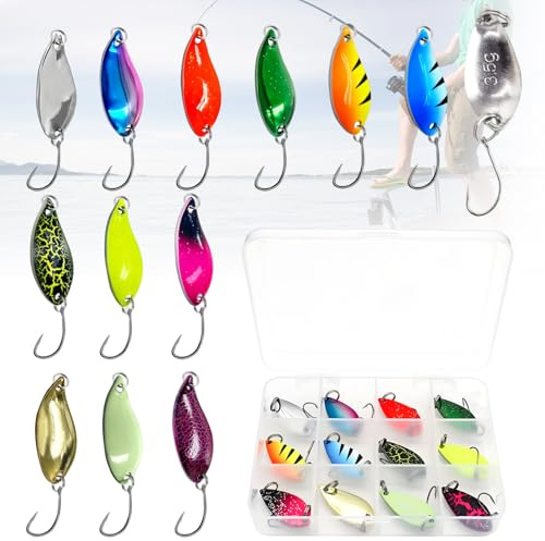 YFaith Forellen Spoon, 12 Stück Spinner Forelle, Bunt Löffelform Angelköder, 3,5 g Set, mit Transparenter Aufbewahrungsbox, für Angeln von Forelle, Lachs, Barsch