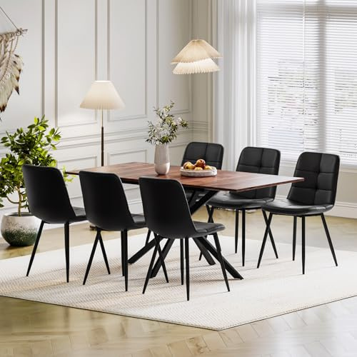 Luxstein Extendable Dining Table and Chairs Set 6, 120-160cm Wood Grain Table with 6 Black Upholstered PU Leather Chairs for Dining Room, Kitchen