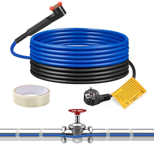 Câble Chauffants Antigel,Ci-Fotto Cable Chauffant Autorégulant(5M, 15W/M) avec Thermostat Intégré pour Protéger les Conduites d'Eau,Tuyaux de Maison en Métal/Plastique, Gouttières, Auges