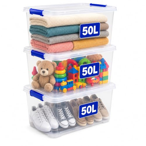 KAPCO Stackable Storage Bins with Lids – 3 x 50L Clear Plastic Organizer Boxes | Durable Modular Containers with Clip Lock Handles for Home, Garage, Loft, Kitchen, Closet, Office, Moving, Pantry Use