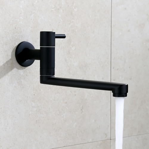 HomeLava Wasserhahn Küche Wandmontage nur Kaltwasser Armatur Wandarmatur Kaltwasserhahn mit 360 Drehbar Auslauf Langen 23cm Edelstahl Schwarz