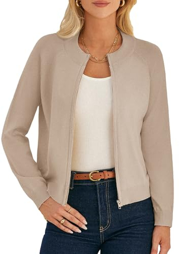GRACE KARIN Womens Khaki Zip Up Cardigan Sweaters Lightweight Spring Cardigans Light Jackets for Women Spring Outfits S