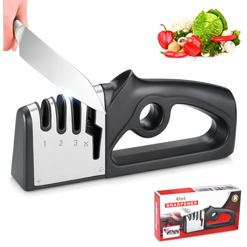 Afilador Cuchillos Profesional 4 en 1 | Afilador de Cuchillos Profesional con Piedra Afilar Cuchillos | Afilar Cuchillos y Afilador Tijeras | Knife Sharpener Multiusos, 3 Etapas y Afilador Tijeras