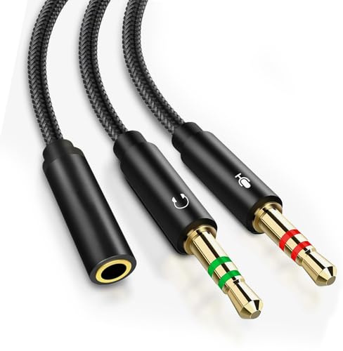 1Pcs 2 in 1 Headphone Mic Splitter,3.5mm Jack Audio Mic Braided Adapter Aux Female to 2 Male PC Headset Microphone Cable Compatible with Gaming Headset, Earphone, Speaker, Desktop, Laptop (Black)