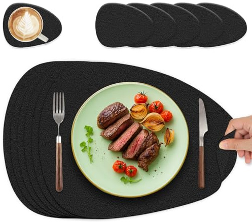HELI MIAO Tischsets Abwaschbar 6er Set - Doppelseitige Platzsets, Platzdeckchen mit Untersetzer aus Lederoptik, wasserdichte als Tischunterlage für Ihren Esstisch - Oval in Schwarz
