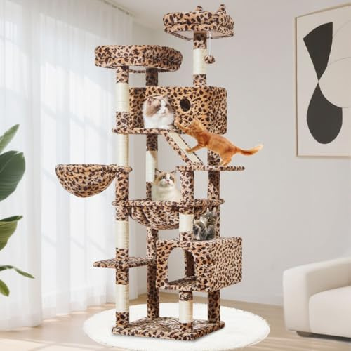 Taoqimiao Rascador para Gatos 180cm, Árbol para Gatos Grandes, 8 Postes de Sisal para Arañar, Panel Rascador, Hamaca Suave, 2 Plataformas Acolchadas Superiores, MS026LBW Leopardo