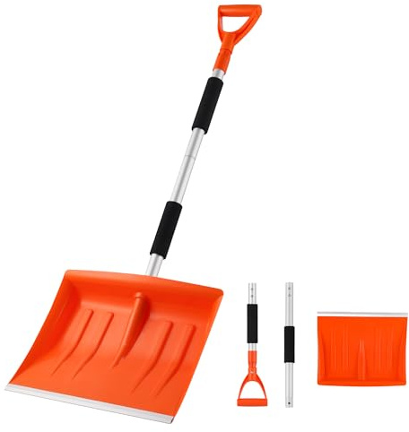 Widyana Telescopic Snow Shovel - 40cm Wide Metal Blade, Adjustable Long Handle (89-108cm), D-Grip for Garden, Driveway & Car Emergency, Orange Snow Removal Tool