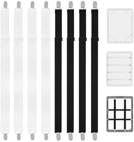 HongSiFang 8 STK, Schwarz & WeißBettlakenspanner Verstellbar | Spannbettlaken Spanner für Bettlaken Spanngurte, Bis zu 250 cm, Elastische Spannbettlaken Halterung