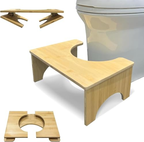 Bambus WC Hocker für Erwachsene, Klappbar, Holzfarbe, 35° Neigungswinkel, mit Anti-Rutsch-Pads, Feuchtigkeitsbeständig, für Darmgesundheit