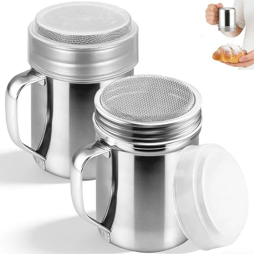 2 stycken strö med lock och nät, rostfritt stål sockersikt, kryddblandningskopp, kakao shaker, strö för kanel, choklad, kaffe, bakverk, bakning, bakning