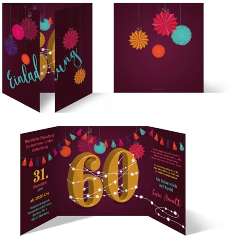 Kartenmachen.de Individuelle Geburtstagseinladungen zum 60. Geburtstag personalisierte Einladungskarten ab 10 Stück selbst gestalten Quadrat 155x155mm Altarfalz - Girlande
