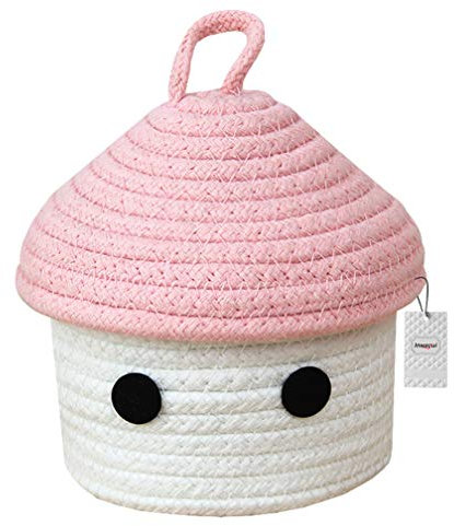 Inwagui Kleiner Aufbewahrungskorb mit Deckel Baby Aufbewahrungsbox aus Baumwollseil Dekorative Korb für Kinderzimmer, Wohnzimmer, Büro - Pink/Weiß