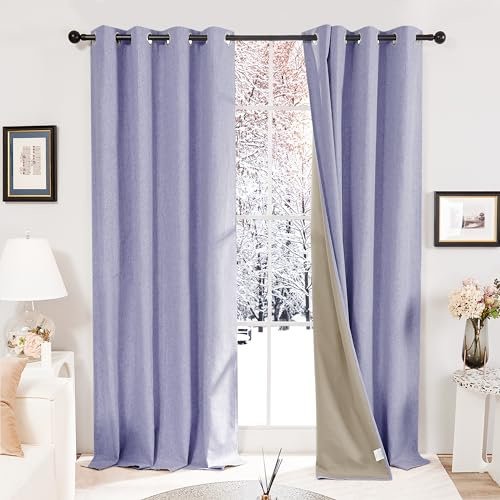 Deconovo 100% Blackout Curtains Faux Linen Thermal Insulated Curtains Eyelet Curtains for Bedroom Purple W46 x L72 One Pair