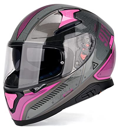 HAX Full Face Motorcycle DOT Approved Helmet with Dual Rear Wing and Pinlock Ready - Lightweight and Durable Motorbike Street Bike Helmet for Adults (Impulse Droid Pink,L)