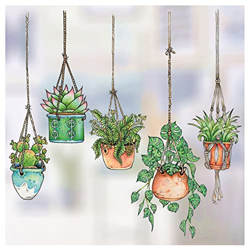 5 Extra Large Illustrated Hanging Plant Window Stickers - Hanging Flower Pot Window Clings Stickers - Double Sided Greenhouse Decals - No Adhesive - Version 2 Large