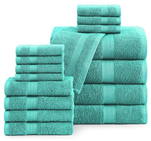 16-teiliges Badetücher – 100% Baumwolle Handtücher für Badezimmer, Premium-Qualität Hotel Handtücher, hoch saugfähiges Badezimmer Handtuch-Set, 4 Badetücher, 4 Handtücher und 8 Waschlappen – Blaugrün