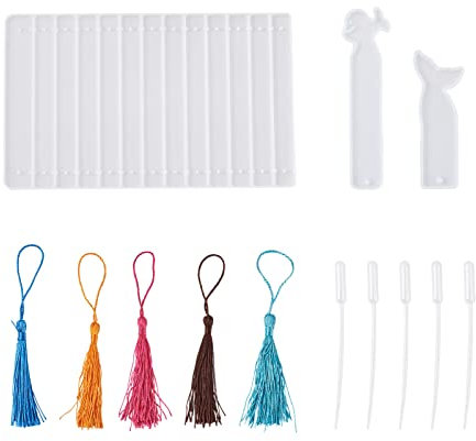 PandaHall Lot de 3 moules rectangulaires en silicone pour marque-page en résine époxy avec 30 pompons en polyester, 6 pipettes de transfert en plastique et 1 feuille d'autocollants décoratifs