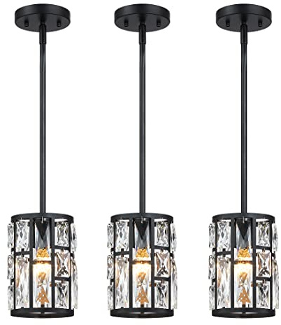 MEXO Modern Crystal Pendant Light Fixture 3-Pack Matte Black Finish Hanging Lighting Crystal Chandelier for Living Room, Kitchen, Hallway