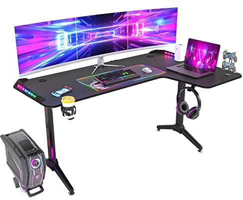 FATIVO Bureau Gaming LED 160 cm: Large Bureau Gamer d’Angle RGB Informatique Ergonomic Table de Jeu pour Ordinateur en Forme de L avec Lumière Ambiance - Modèle Droit