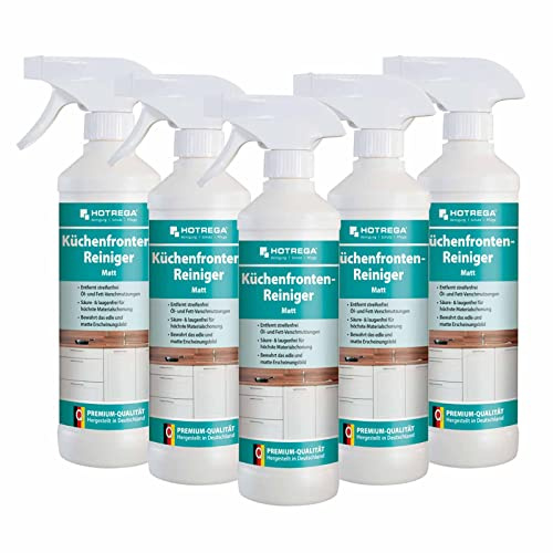 HOTREGA Küchenfronten Reiniger Matt | 5x 500 ml | Gegen Fingerabdrücke | Streifenfreie Pflege für matte Lack-, Folien- & Kunststoffoberflächen | Ohne Glanzbildung | Für Schwarz, Weiß & Grau