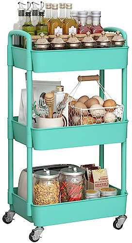 Sywhitta 3-Tier Plastic Rolling Utility Cart with Wheels for Storage, Green