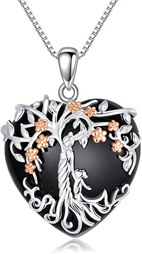 enjoylifecreative Lebensbaum Mutter Tochter Halskette 925 Sterling Silber Baum Des Lebens Obsidian Herz Anhänger Kette Schmuck Geburtstag Muttertags Geschenke Für Damen Mama Ehefrau