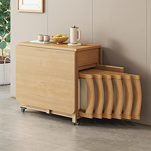 oiakus Folding Kitchen Table Set, Wooden Drop Leaf Table With 6 Chairs, Mobile Kitchen Table Extendable Dining Table for Restaurant Kitchen Living Room Dining Room-1.4m