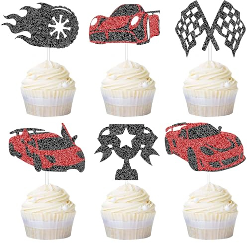 24Pcs Race Car Happy Birthday Cupcake Topper Glitter Racing Car Cupcake Decoration Personalised Racing Themed Birthday Party Supplies for Kids Boys and Man