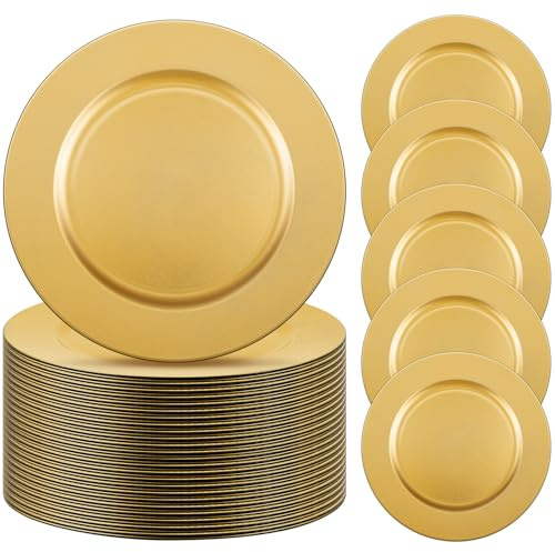Tanlade 50 Pcs 13 Inch Charger Plates Bulk Round Wedding Chargers Plastic Dinner Plates for Table Setting Wedding Party Decoration (Gold)