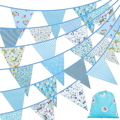 Lollanda Stoff-Wimpelkette, 12 m, 42 Stück, Wimpelkette für den Außenbereich, florale Vintage-Dreieck-Flagge für Zuhause, Garten, Geburtstag, Party, Hochzeit, Party-Dekoration (blau)