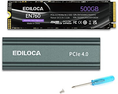 Ediloca EN760 SSD interno da 500 GB con dissipatore di calore PCIe Gen4, NVMe M.2 2280, fino a 4800 MB/s, 3D NAND TLC, cache SLC dinamica, Unità a stato solido interne, compatibile con PS5 e PC