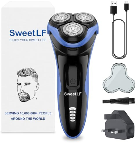 SweetLF elektrisk rakapparat för män, inkluderar 1 brittisk laddare och popup-trimmer, uppladdningsbara rakapparater för män, 100% vattentät elektrisk rakapparat, våt och torr rakning, blå svart