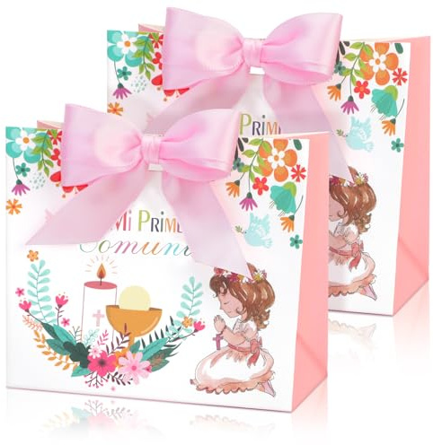 DPKOW 12pcs Rosa Mi Primera Comunión Cajas por Niñas Recuerdos para Invitados de Comunión, Rosa Niña Comunion Bolsas de Regalo Caramelos Dulces Bombones Paquetes Cajas de Comunion Niñas