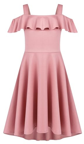 Arshiner Children's Dress Off Shoulder Summerdress Girls A-Line Swingdress Plain High-Low-Dress Skatersress with Pocket Pink140/10-11 Years