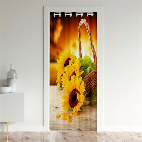 Odot Verdunkelungsvorhänge mit Ösen, Sonnenblume Muster Raumteiler Vorhang Türvorhang Thermo Blackout Thermovorhang Winter Kälteschutz Türvorhang für Fenster Tür (120x180cm,Bambuskorb A)