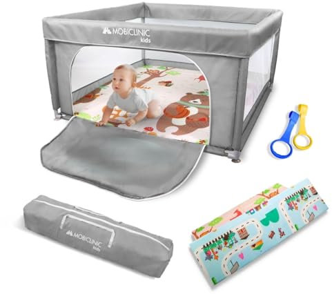 Mobiclinic®kids, Parque infantil bebe + alfombra de juegos reversible, Plegable, 125x125cm, Bolsa transporte, Transpirable, Happyland, Tejido lavable, Agarraderas, Corralito bebé (gris)