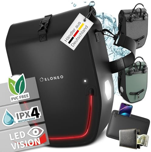 ELONEO Fahrradtasche für Gepäckträger mit LED Licht, 20L - 100% wasserdicht mit Tragegriff und Schultergurt, Fahrradtasche Gepäckträger, Fahrrad Gepäckträgertasche, schwarz