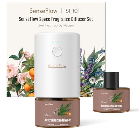 SenseFlow Aroma Diffuser für Ätherische Öle SF101, Wasserloser Ultraschall Duftstecker Raumduft, 100% pflanzlich Lufterfrischer, 120-Tage Aroma für Zuhause, Hotel zu 100 m² (Australisches Sandelholz)
