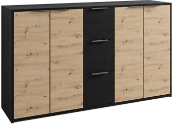 byLIVING Sideboard Rimini/Melamin Eiche schwarz und Artisan Eiche / 4 Türen/B 139, H 80, T 39 cm