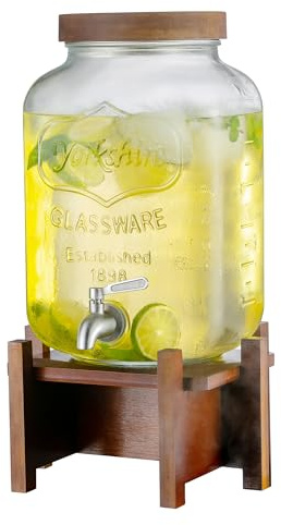 Drink Dispenser with Acacia Wood Stand and Lid,2 Gallon Glass Beverage Dispenser with Stainless Steel Spigot for Parties,Picnics,Barbecues,Lemonade,Sun tea Jar,ice coffee,Laundry Detergent Dispenser