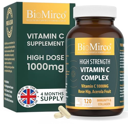 Vitamin C 1000mg Capsules, High Strength Supplement, Immune Support Vitamins, High Dose, Alternative to VIT C Powder/Tablets, Immunity Supplements, Rose Hip, Acerola Fruit, Complex, Made in The UK
