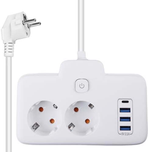 2 Fach Anschlüsse Steckdosenverlängerung, 2500W Fach Steckdosenleiste, 10A USB Mehrfachsteckdose Steckdosenleiste mit 3 USB-A &1 USB-C schlüssen für Büro, Hause und Reisen