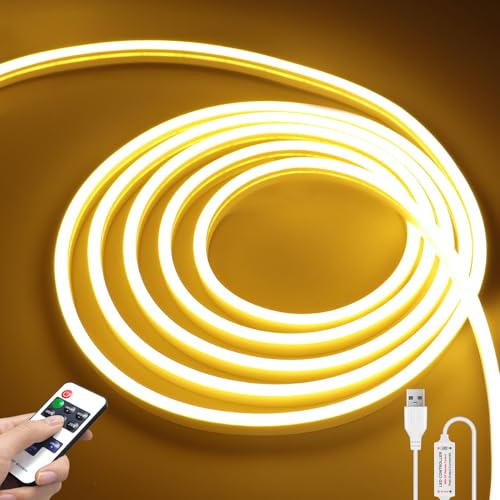 AIMENGTE LED Strip Warmweiss, 600 LED Warmweiss 5M 12V 3000K Dimmbar Wasserdicht, Neon CRI>90 Sehr Hell, DIY Flexibel Ledband mit Netzteil und Controller