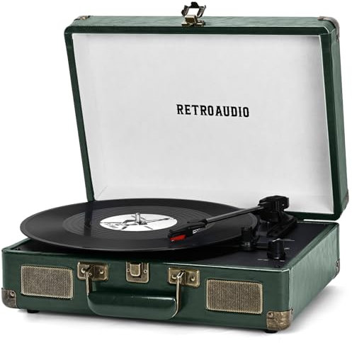 Vinyl Record Player 3-Speed Bluetooth Portable Suitcase Belt-Driven Record Player with 2 Built-in Stereo Speakers Vinyl Vintage Turntable Phonograph Records Player with RCA Line Out AUX Out Dark green