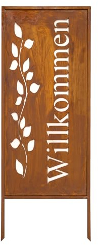 Kapaga - Sichtschutz Metall - 100x40 cm - Willkommensschild Willkommen | Edelrost - Rostoptik für Garten und Terrasse - Corten, Sichtschutzelement - Sichtschutzwand - Gartendekoration Zaun - Rost