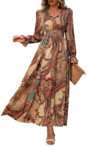 fdsmall Women's Floral Boho Midi Dress Long Sleeve V Neck Flowy Casual Dress Elastic Hight WAIS A-Line Beach Maxi Dresses (UK, Alpha, XL, Plus, Regular, Brown)